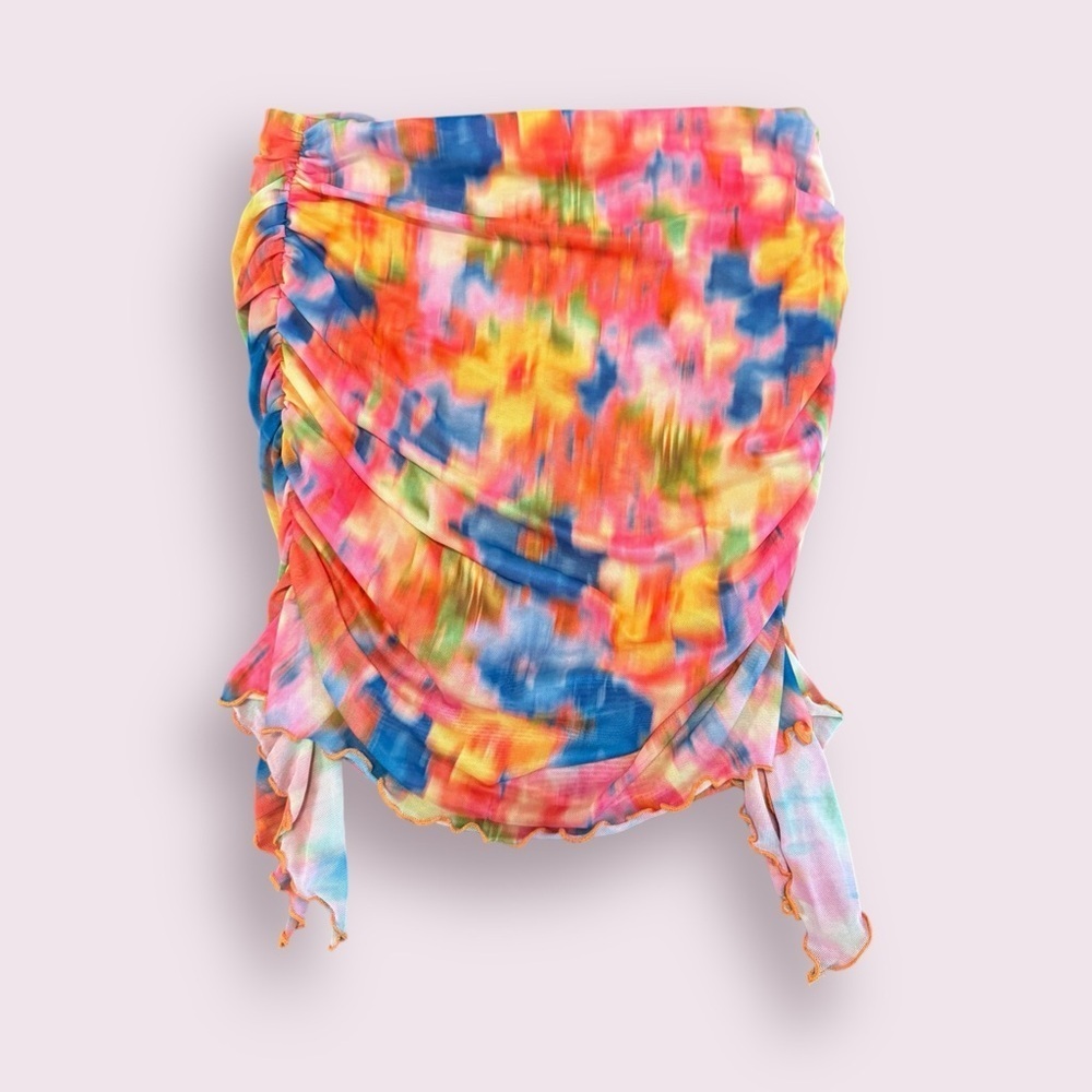 SHEIN Ruched Mini Skirt Abstract Print Multicolor Ruffle Hem Size L